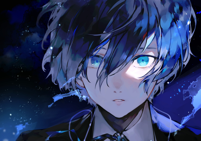 1boy, black_background, black_jacket, blue_background, blue_eyes, blue_hair, blue_ribbon, gekkoukan_high_school_uniform