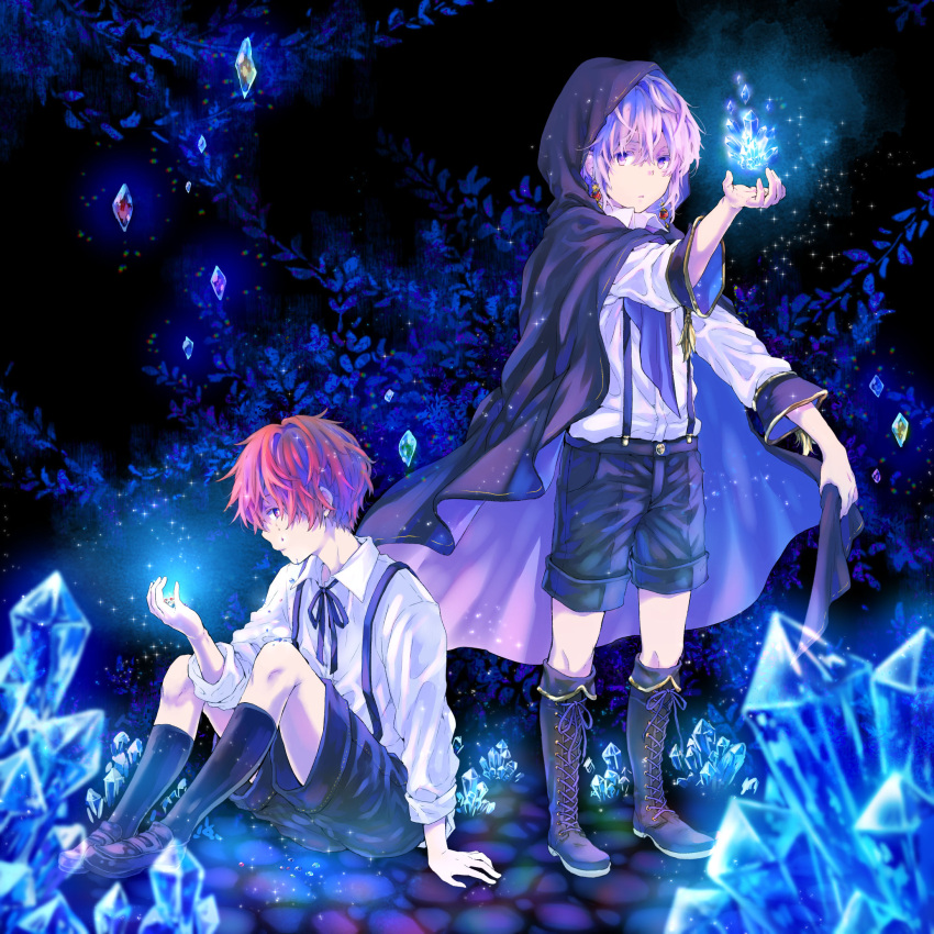 2boys, black_shorts, black_socks, brown_footwear, cape, cape_hold, cross-laced_footwear, crystal, earrings, gem, glowing, hand_up, highres, hood, hooded_cape, jewelry, male_focus, multiple_boys, night, original, penny_loafers, pink_hair, redhead, shirt, shoes, shorts, sitting, socks, sora_ivy, standing, suspenders, violet_eyes, white_shirt