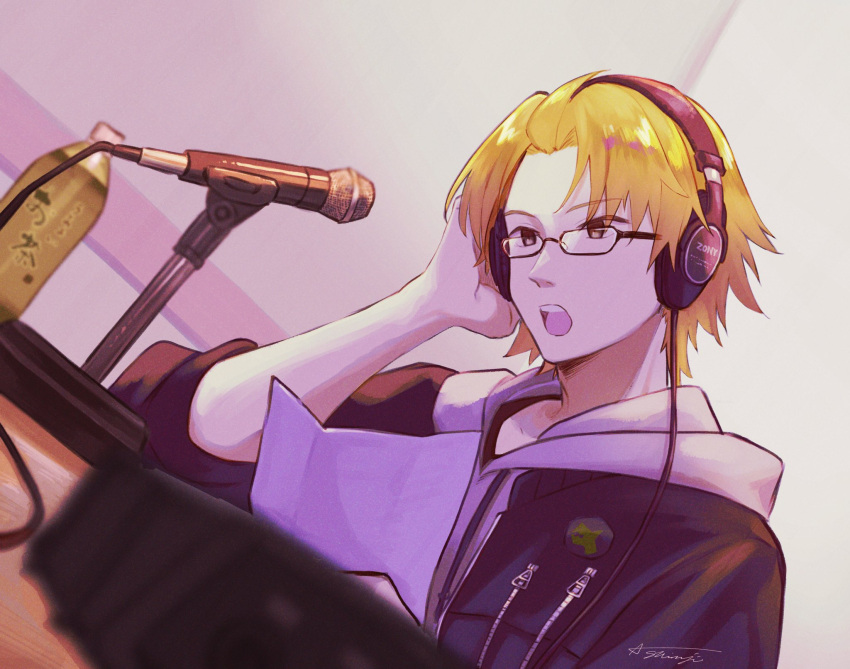 1boy, :o, adjusting_headphones, amane_shinji, blonde_hair, blurry, blurry_foreground, bottle