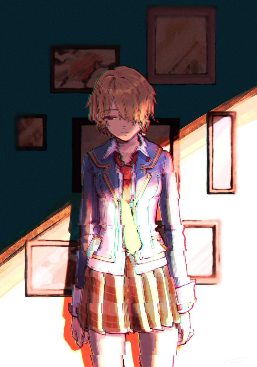 1girl, amane_shinji, arms_at_sides, blazer, blonde_hair, blue_jacket, brown_skirt, facing_viewer, glitch, hair_over_one_eye, heaven_burns_red, highres, indoors, jacket, kayamori_ruka, long_sleeves, necktie, picture_(object), red_eyes, school_uniform, short_hair, skirt, solo