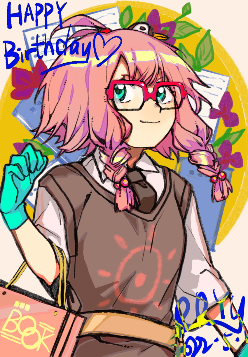 1girl, arknights, artist_name, bag, black_necktie, braid, dated, glasses