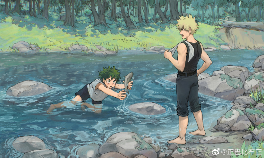 2boys, absurdres, armpit_peek, bakugou_katsuki, bare_arms, bare_shoulders, barefoot, bass_(fish), belt, bent_over, black_belt, black_pants, black_shorts, black_tank_top, blonde_hair, blue_shirt, blurry, blush, bnhazub, boku_no_hero_academia, boulder, casual, chinese_commentary, concentrating, curly_hair, depth_of_field, diffraction_spikes, eyes_visible_through_hair, fish_request, fishing, forest, freckles, grass, green_eyes, green_hair, hand_on_own_hip, hands_up, highres, holding, holding_towel, legs_apart, looking_at_animal, looking_at_another, male_focus, midoriya_izuku, multiple_boys, nature, on_one_knee, open_mouth, outdoors, outstretched_arms, outstretched_leg, pants, pants_rolled_up, partially_submerged, profile, red_eyes, reflection, reflective_water, river, riverbank, rock, shirt, short_hair, shorts, sleeveless, sparkle, spiky_hair, standing, t-shirt, tank_top, teeth, towel, towel_on_one_shoulder, tree, tree_trunk_bridge, upper_teeth_only, v-shaped_eyebrows, water, water_drop, weibo_logo, weibo_username, wide_shot