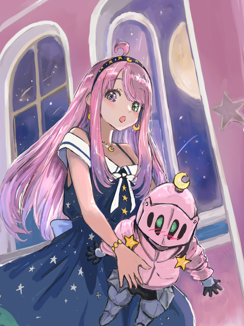 1girl, :o, ahoge, asamiamakusa, bare_shoulders, blue_dress, blush, crescent