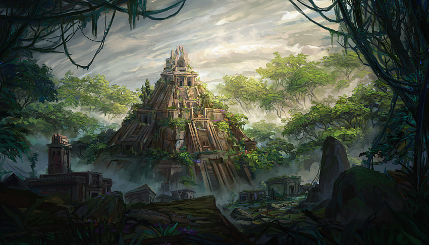 abandoned, absurdres, building, clouds, cloudy_sky, commentary, critical_role, english_commentary, fantasy, fog, highres, idrawbagman, jungle, moss, nature, outdoors, overgrown, plant, pyramid_(structure), rock, ruins, scenery, shadow, sky, sunlight, temple, tree, vines, wide_shot