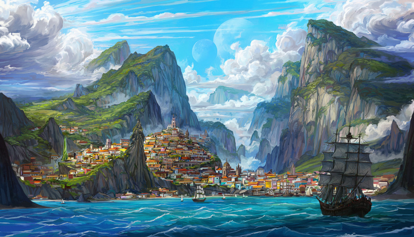 absurdres, boat, building, city, cliff, clouds, cloudy_sky, commentary