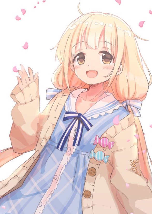 1girl, blonde_hair, blue_dress, blue_ribbon, blush, brown_cardigan, brown_eyes, candy