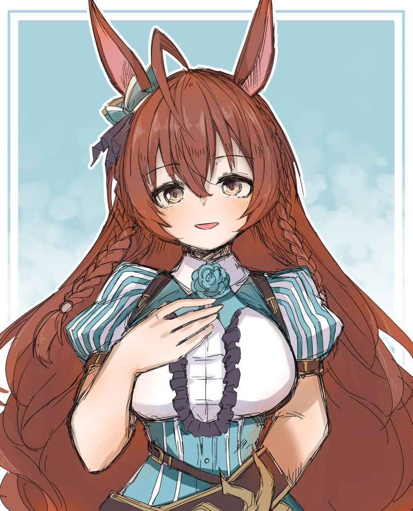 1girl, :d, absurdres, ahoge, bow, braid, breasts, brown_eyes
