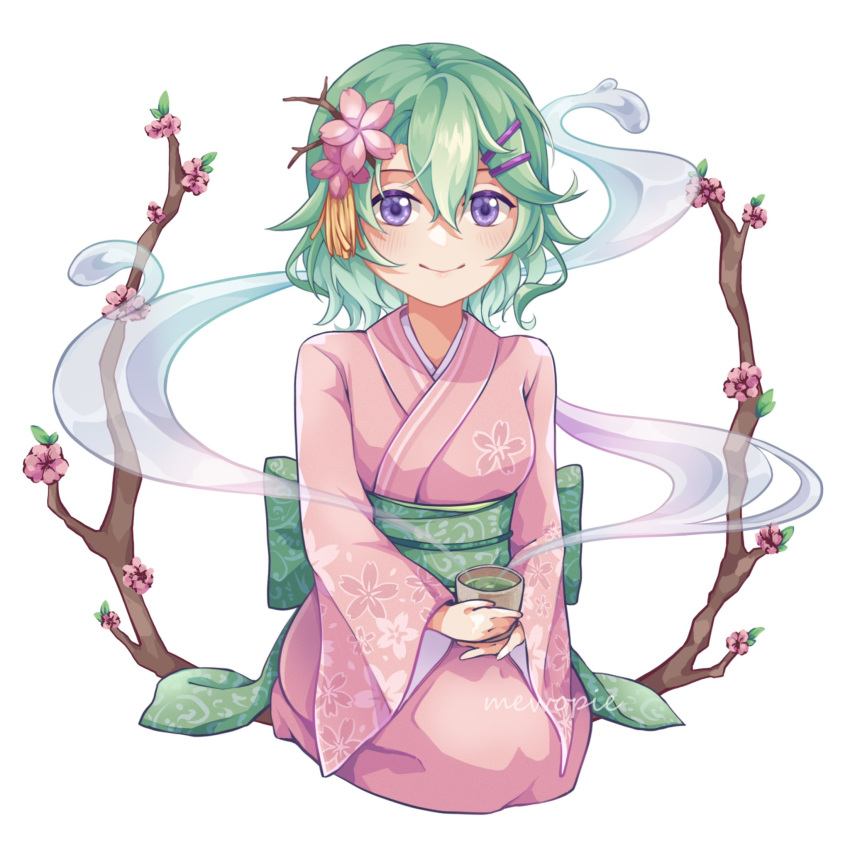 1girl, cherry_blossoms, cup, eiyuu_densetsu, flower, green_hair, hair_flower, hair_ornament