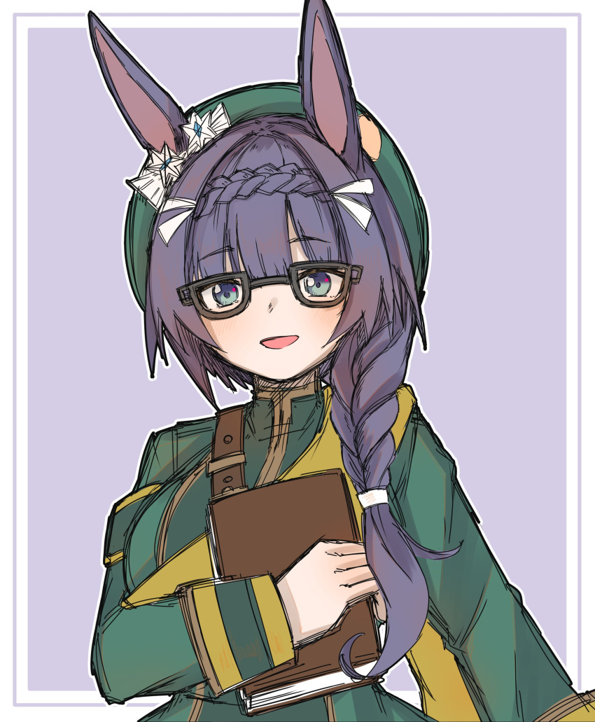1girl, :d, absurdres, animal_ears, black-framed_eyewear, black_hair, blue_eyes, book
