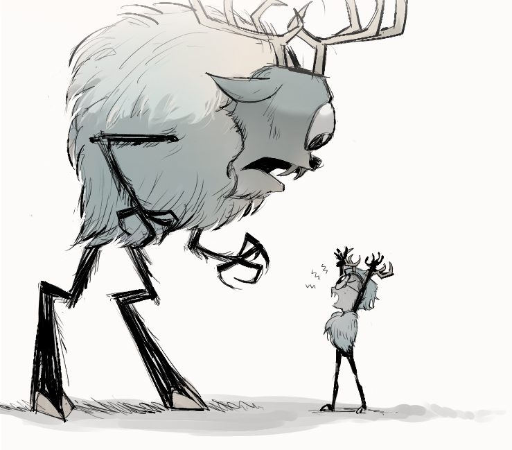 1girl, antlers, arms_up, black_bodysuit, bodysuit, deerclops, don't_starve, fangs, from_side, fur_trim, grey_hair, growling, jenny25424633, looking_at_another, mask, monster, official_alternate_costume, official_alternate_hair_color, official_alternate_hair_length, official_alternate_hairstyle, one-eyed, open_mouth, pelt, short_hair, simple_background, size_difference, standing, white_background, wigfrid_(don't_starve)