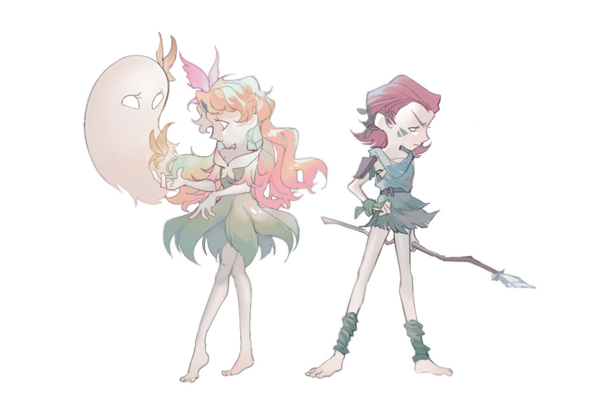 2girls, abigail_(don't_starve), arm_guards, barefoot, blonde_hair, blue_dress, butterfly_hair_ornament, closed_mouth