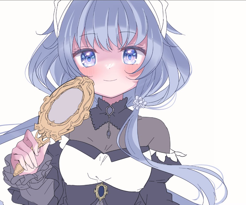 1girl, black_collar, black_shirt, blue_eyes, blue_hair, blush, closed_mouth, collar