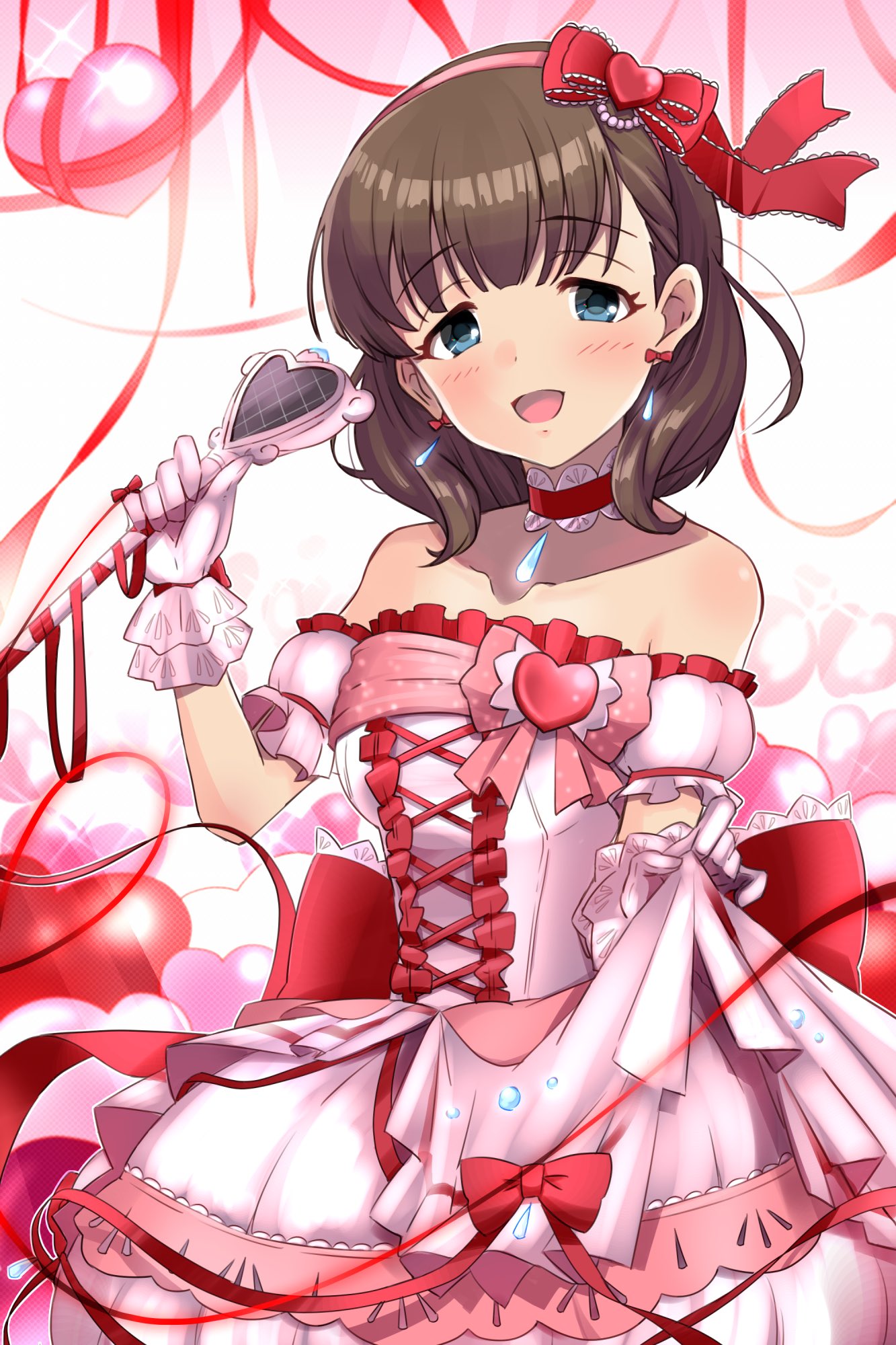 1girl, arm_guards, bare_shoulders, blue_eyes, blush, breasts, brown_hair, choker, collarbone, dot_nose, dress, earrings, frilled_dress, frills, gloves, hair_ribbon, hairband, heart, heart_background, highres, holding, holding_wand, idolmaster, idolmaster_cinderella_girls, idolmaster_cinderella_girls_starlight_stage, jewelry, looking_at_viewer, medium_breasts, nanananananasea, open_mouth, pendant_choker, pink_dress, red_choker, red_ribbon, ribbon, sakuma_mayu, short_hair, skirt_hold, smile, solo, wand, white_gloves
