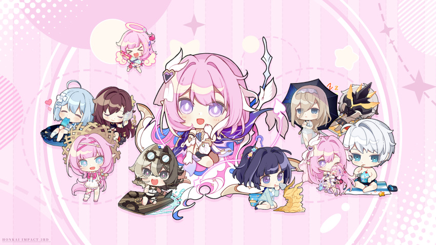 >_<, 2boys, 6+girls, ?, ahoge, aponia_(honkai_impact), arms_behind_back, barefoot