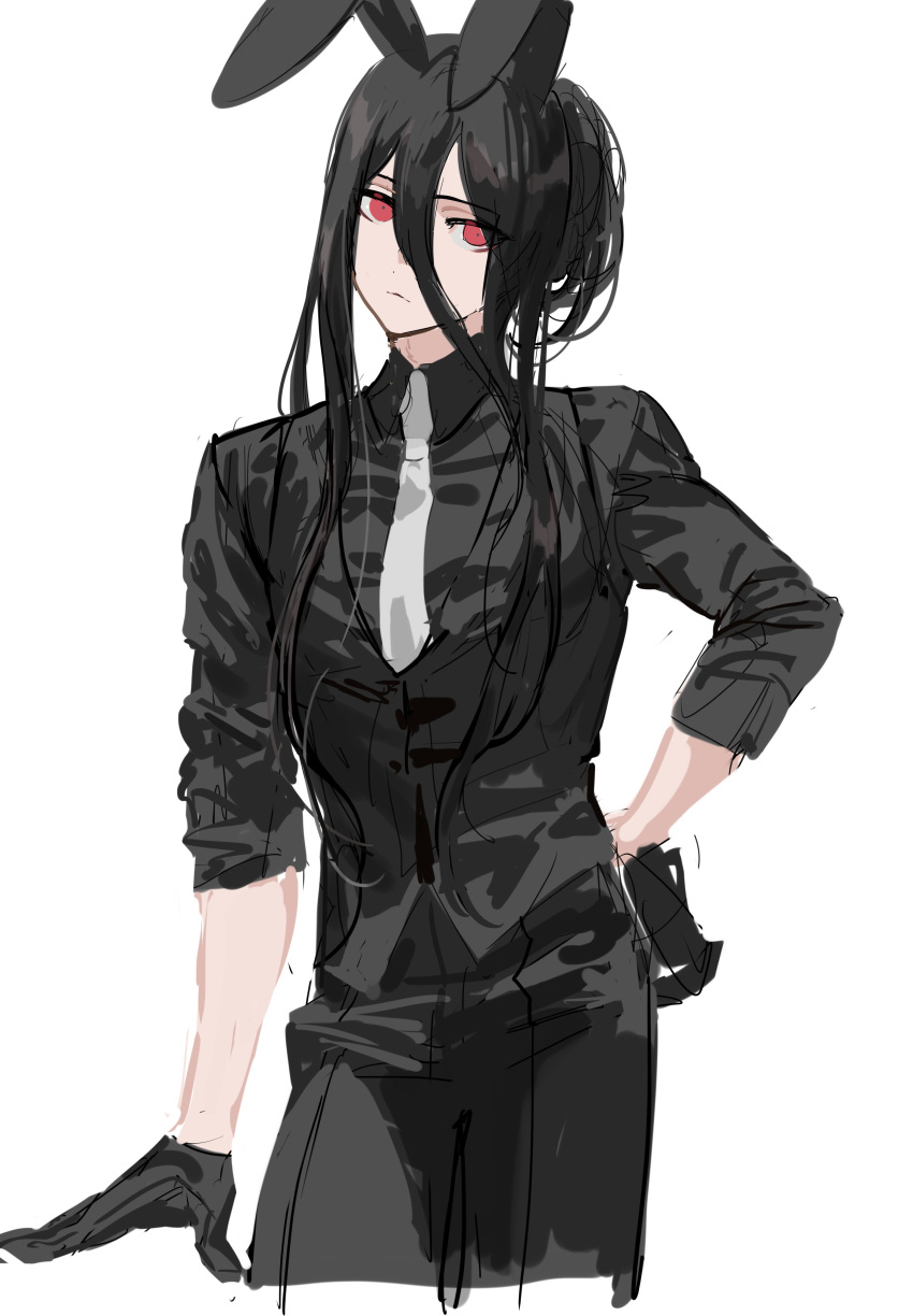 1boy, absurdres, animal_ears, black_gloves, black_hair, black_pants, black_shirt, black_vest
