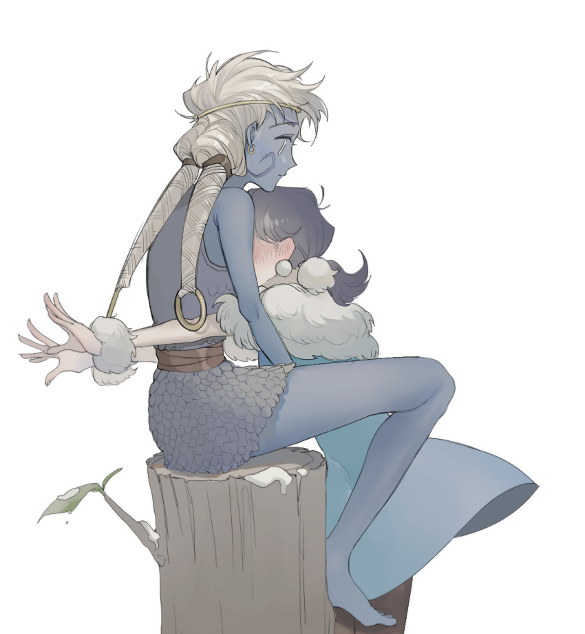 2girls, alternate_skin_color, armor, bare_legs, bare_shoulders, barefoot, black_hair, black_pantyhose