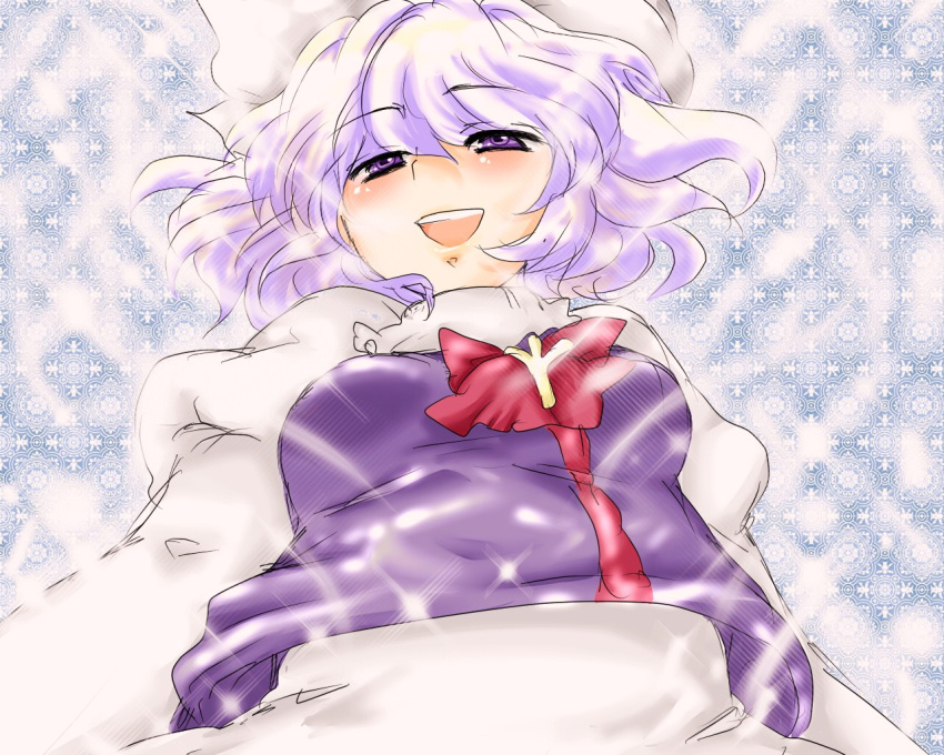 from_below, happy, hat, lavender_hair, letty_whiterock, minchu, open_mouth, purple_eyes