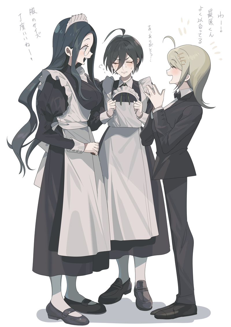 1boy, 2girls, :d, ahoge, akamatsu_kaede, alternate_costume, apron, black_footwear