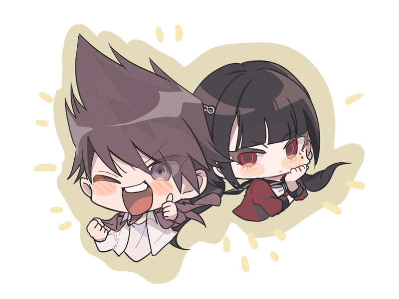 1boy, 1girl, :d, ;d, black_hair, black_sailor_collar, blush, brown_background, chibi, cropped_torso, danganronpa_(series), danganronpa_v3:_killing_harmony, frown, hair_ornament, hairclip, harukawa_maki, jacket, liliy1191, long_hair, mole, mole_under_eye, momota_kaito, one_eye_closed, open_clothes, open_jacket, open_shirt, pink_eyes, pink_jacket, red_eyes, red_shirt, sailor_collar, shirt, smile, spiky_hair, thumbs_up, white_background, white_shirt