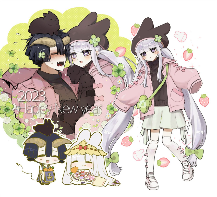 >_<, 1boy, 1girl, 2023, animal_ears, animal_on_head, aurora_sya_lis_kaymin, binsusoda
