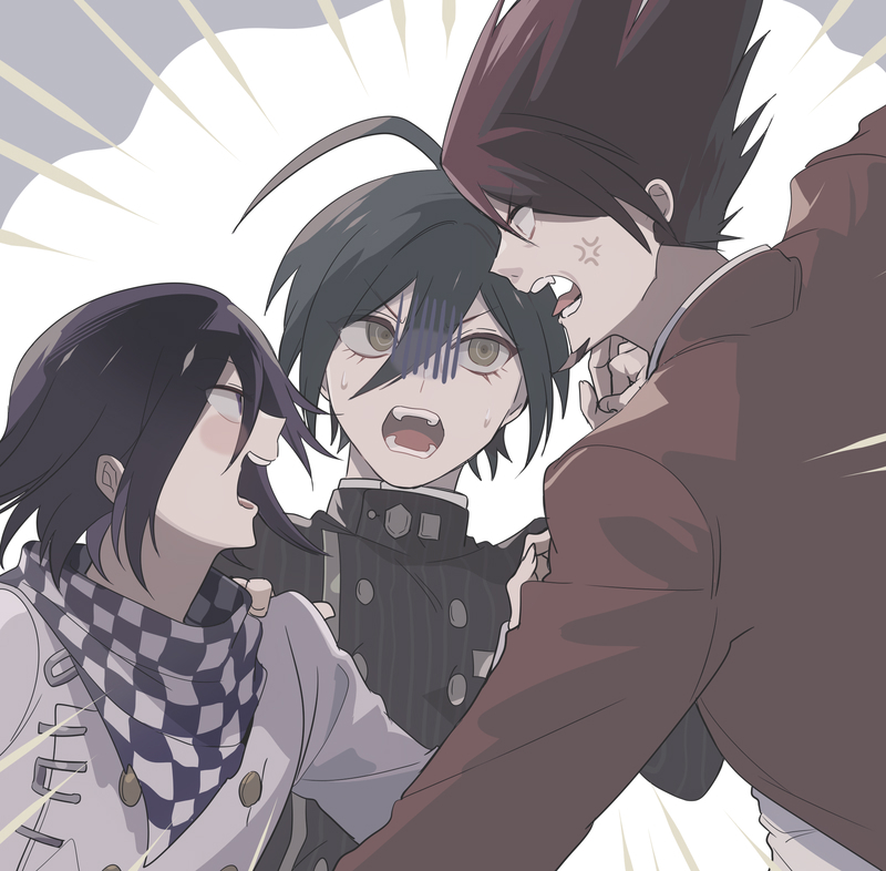 3boys, ahoge, anger_vein, angry, black_hair, blush, brown_jacket, buttons