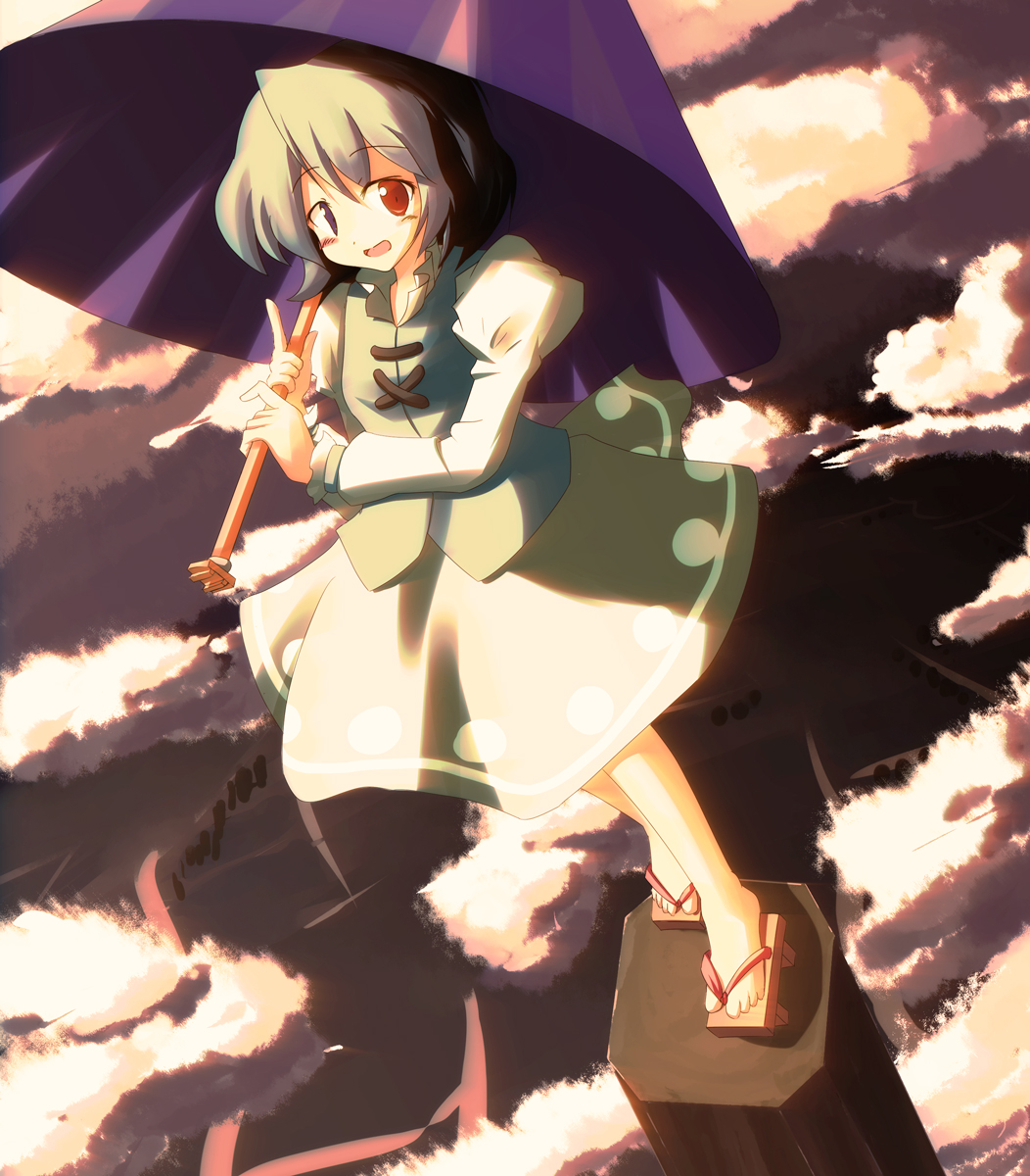 blue_hair, blush, cloud, clouds, dress, heterochromia, highres, karakasa