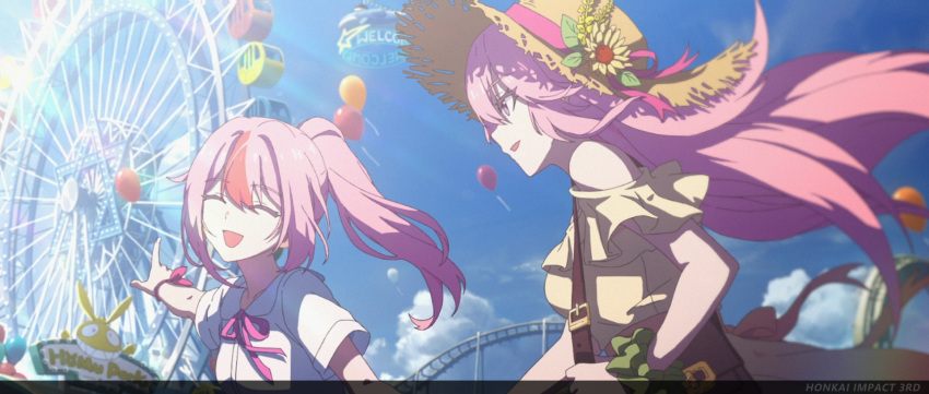 2girls, ^_^, alternate_costume, bag, balloon, bare_shoulders, bracelet, breasts, brown_bag, chinese_commentary, closed_eyes, day, english_text, family, ferris_wheel, hat, high_ponytail, highres, holding_hands, homu_(honkai_impact), honkai_(series), honkai_impact_3rd, jewelry, large_breasts, long_hair, looking_at_another, multicolored_hair, multiple_girls, official_art, official_wallpaper, outdoors, parted_lips, pink_hair, pointing, rin_(honkai_impcat), shirt, shoulder_bag, siblings, sisters, sky, small_breasts, smile, streaked_hair, upper_body, very_long_hair, white_shirt, yae_sakura