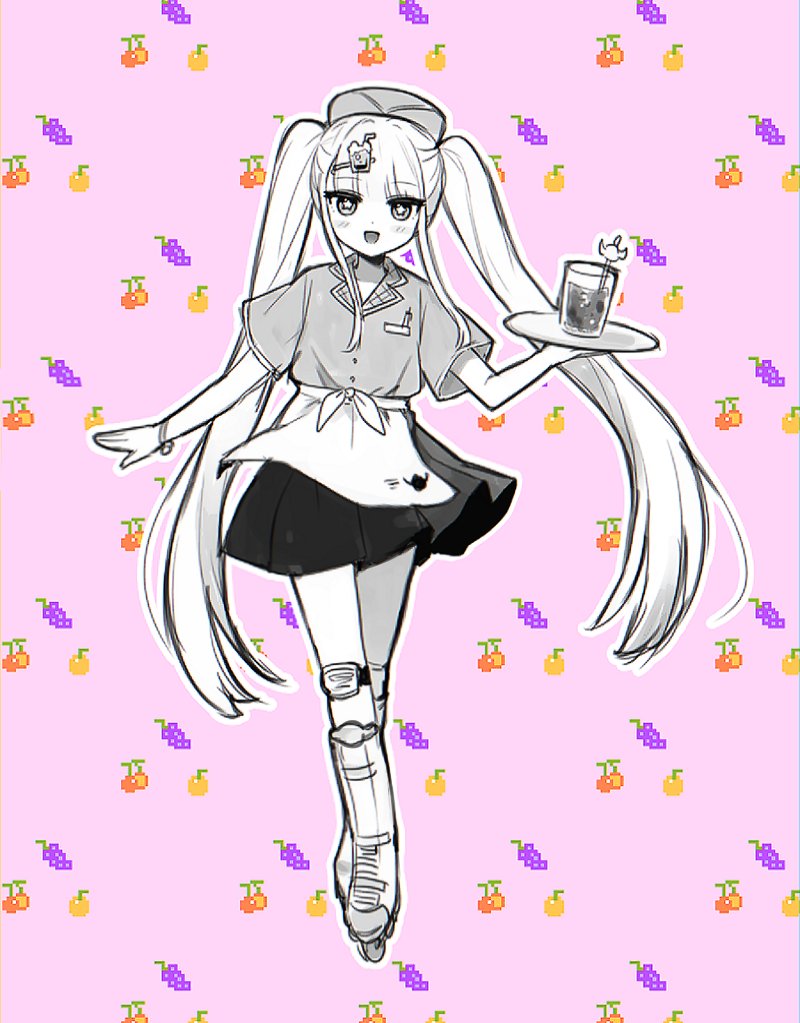 1girl, apron, aurora_sya_lis_kaymin, binsusoda, blush, bracelet, greyscale_with_colored_background, hair_ornament