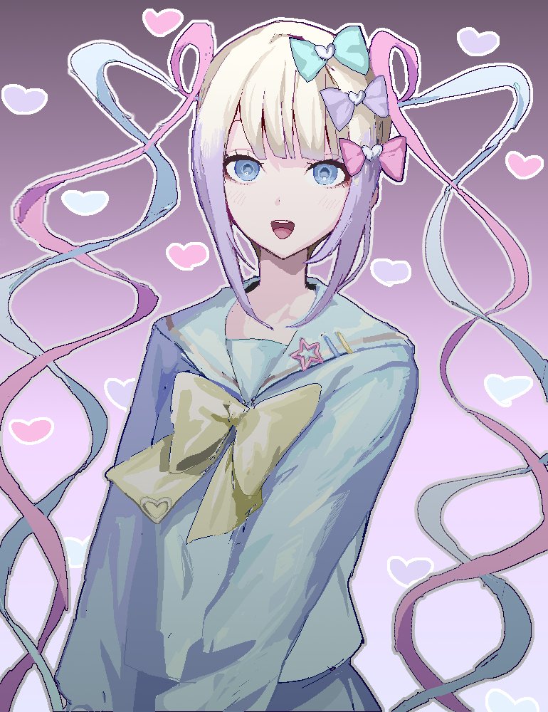 1girl, :d, blonde_hair, blue_bow, blue_eyes, blue_hair, blue_shirt, blue_skirt