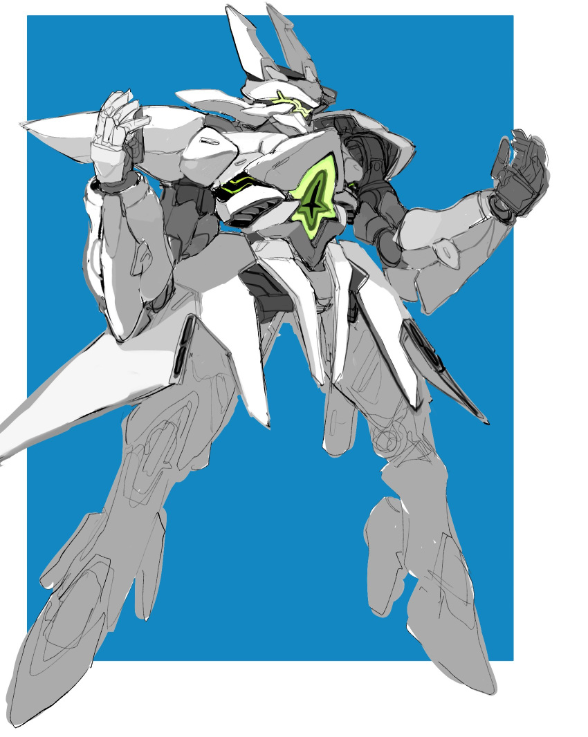 blue_background, border, full_body, highres, looking_ahead, mecha, no_humans, open_hands