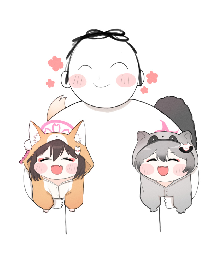 1boy, 2girls, :3, :d, ^_^, alternate_costume, animal_costume, animal_ears, arona's_sensei_doodle_(blue_archive), black_hair, blue_archive, blue_eyeshadow, blush_stickers, carrying, carrying_person, carrying_under_arm, chibi, closed_eyes, commentary_request, eyeshadow, fang, fox_costume, fox_ears, fox_girl, fox_hair_ornament, fox_tail, grey_hair, hair_between_eyes, hair_ornament, halo, highres, izuna_(blue_archive), long_hair, long_sleeves, looking_at_viewer, makeup, medium_hair, michiru_(blue_archive), multiple_girls, pom_pom_(clothes), pom_pom_hair_ornament, raccoon_costume, raccoon_ears, raccoon_girl, raccoon_hair_ornament, raccoon_tail, sensei_(blue_archive), sidelocks, simple_background, skin_fang, smile, tail, yosik