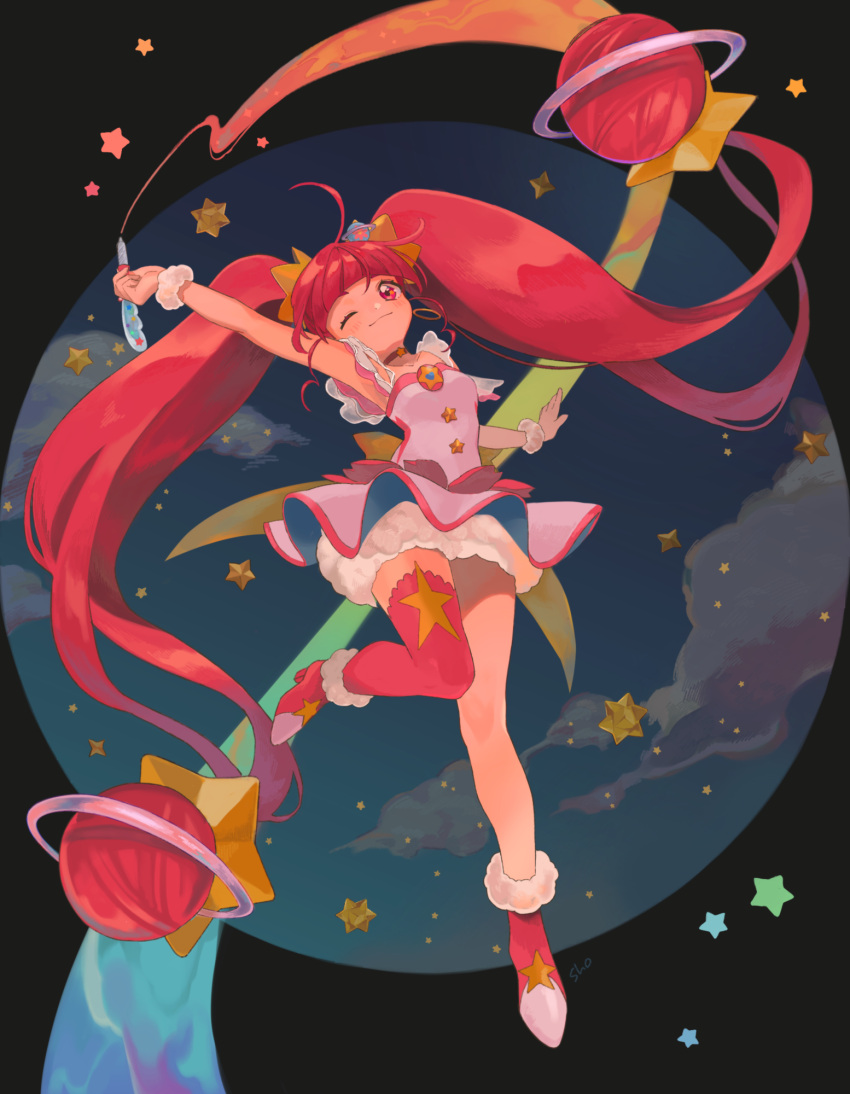 1girl, ahoge, blunt_bangs, boots, choker, clouds, cure_star, drawing