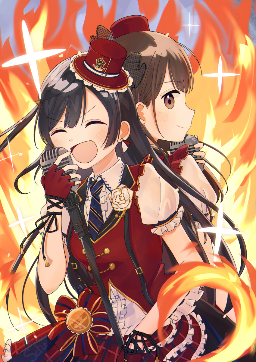 2girls, black_hair, blush, brown_eyes, brown_hair, chase!_(love_live!), closed_eyes, commentary