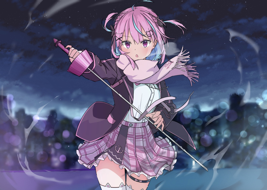 1girl, :o, absurdres, ahoge, animal_ear_legwear, black_jacket, blue_hair, blurry