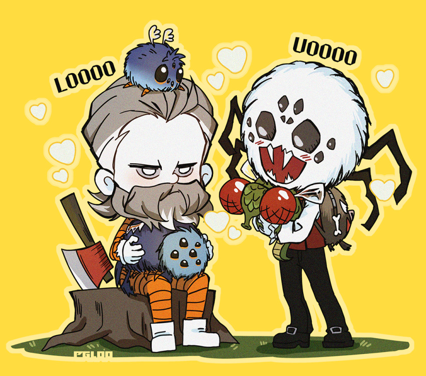 2boys, animal_bag, animal_hug, animal_on_head, animal_on_lap, ankle_boots, axe, backpack, bag, beard, black_footwear, black_pants, bone, boots, bug, chibi, colored_sclera, don't_starve, facial_hair, glommer_(don't_starve), grey_eyes, grey_hair, grey_sclera, hair_slicked_back, happy, heart, jitome, lucy_(don't_starve), male_focus, multicolored_hair, multiple_boys, official_alternate_hair_color, on_head, on_lap, open_mouth, orange_pants, orange_shirt, pants, pgloooooo, shirt, shoes, sitting, standing, streaked_hair, tree_stump, webber_(don't_starve), white_eyes, white_footwear, white_hair, woodie_(don't_starve), yellow_background