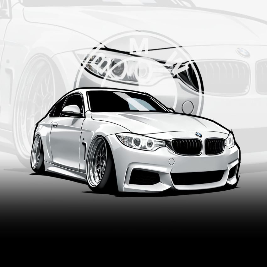 bmw, bmw_4_series, car, chris_ilst, commission, highres, logo, motor_vehicle, no_humans, original, shadow, stance_(vehicle), vehicle_focus, white_car, zoom_layer