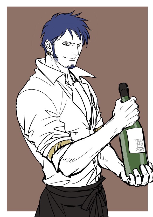1boy, alcohol, armband, bottle, brown_background, champagne, champagne_bottle, earrings