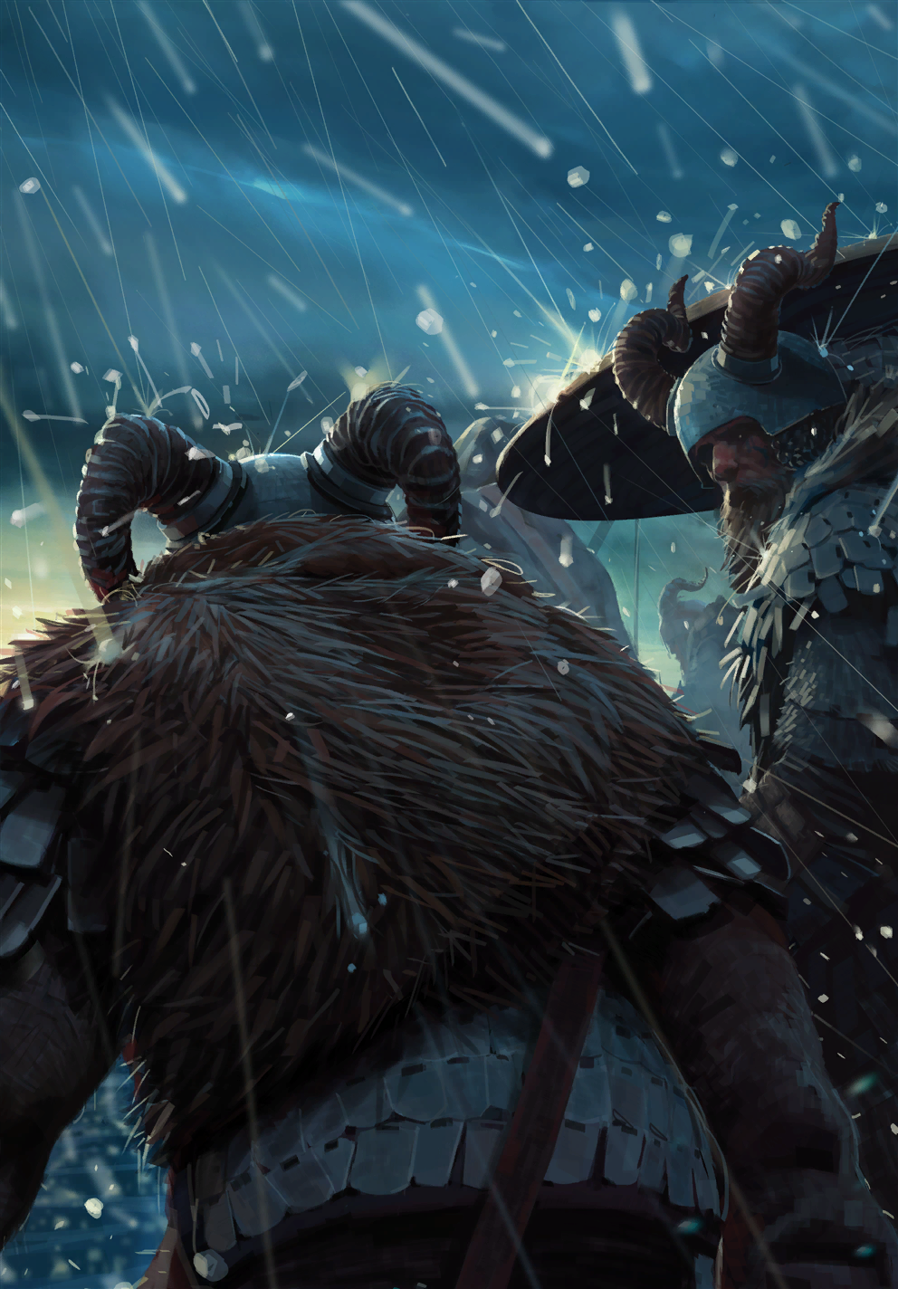 2boys, armor, blurry, depth_of_field, facing_away, fake_horns, game_cg, gwent_(game)