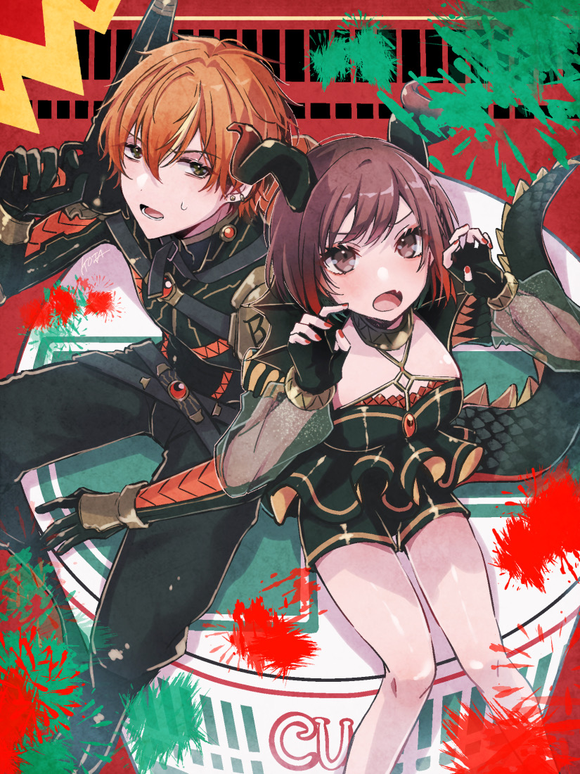 1boy, 1girl, black_gloves, blonde_hair, brother_and_sister, brown_eyes, brown_hair, dragon_horns