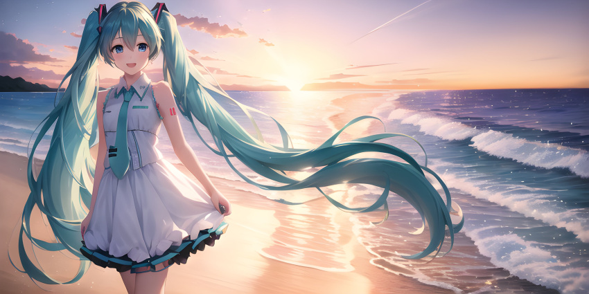 1girl, :d, aqua_eyes, aqua_hair, awwesomeai, beach, blue_hair, clouds