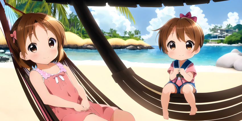 2girls, awwesomeai, barefoot, beach, blue_sky, blush, bow, brown_eyes