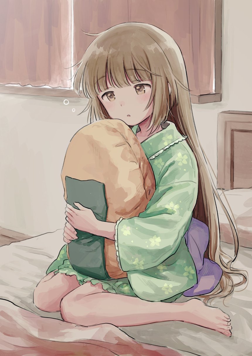 1girl, barefoot, bed_sheet, blunt_bangs, blush, bow, brown_eyes, brown_hair