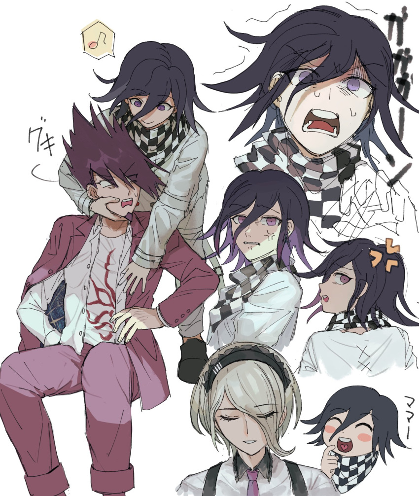 1girl, 2boys, :d, anger_vein, black_hair, black_scarf, blonde_hair, blush_stickers, checkered_clothes, checkered_scarf, danganronpa_(series), danganronpa_v3:_killing_harmony, facial_hair, flipped_hair, goatee, hair_over_one_eye, heart, highres, invisible_chair, jacket, looking_at_another, momota_kaito, multiple_boys, musical_note, nasubinonono, open_clothes, open_shirt, ouma_kokichi, pants, pink_eyes, pink_jacket, pink_pants, print_shirt, scarf, shirt, short_hair, sitting, smile, space_print, spiky_hair, spoken_musical_note, starry_sky_print, toujou_kirumi, translation_request, white_jacket, white_scarf