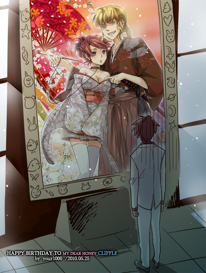 beatrice, blonde_hair, breasts, chain, chiseko1000yeah, cleavage, collar, couple, dual_persona, empty_eyes, fan, folding_fan, formal, genderswap, green_eyes, grin, hair_up, happy_birthday, japanese_clothes, katana, kimono, kiseru, leash, obi, off_shoulder, pipe, ponytail, portrait, portrait_(object), red_hair, smile, sword, thigh-highs, thighhighs, umineko_no_naku_koro_ni, ushiromiya_battler, weapon, white_legwear, white_thighhighs, zettai_ryouiki