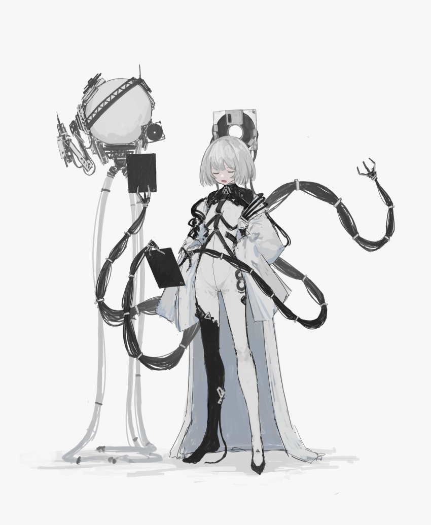 1girl, absurdres, black_bodysuit, bodysuit, closed_eyes, cyborg, extra_arms, full_body