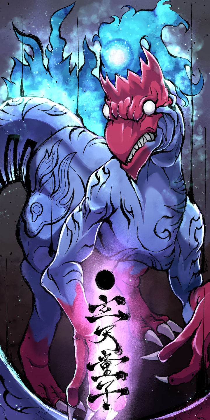 artist_name, blue_fire, clenched_teeth, dinosaur, duel_monster, fire, gentendozi, highres, no_humans, no_pupils, sharp_teeth, solo, souleating_oviraptor, teeth, yu-gi-oh!