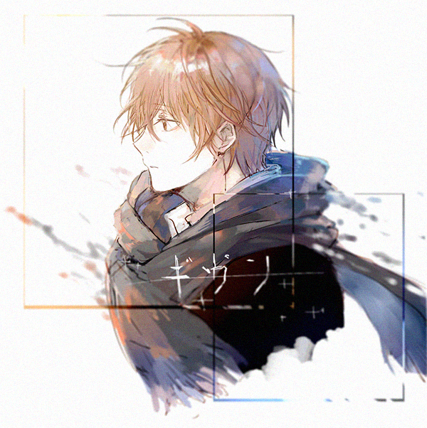1boy, 68661, blue_scarf, closed_mouth, given, male_focus, medium_hair, red_eyes