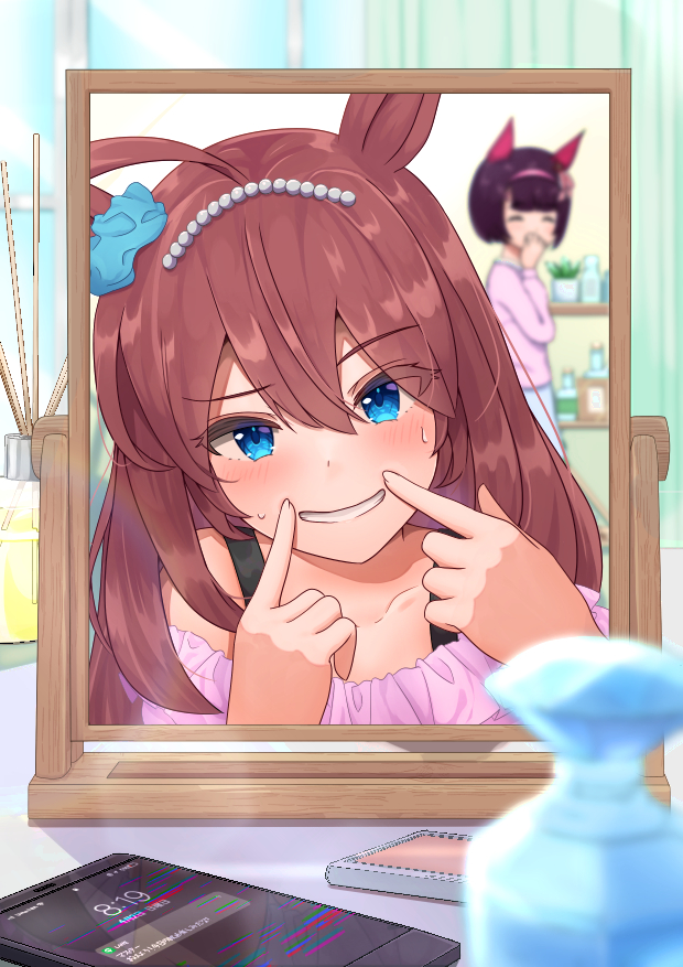 2girls, ahoge, animal_ears, blue_eyes, blush, bottle, brown_hair, cellphone