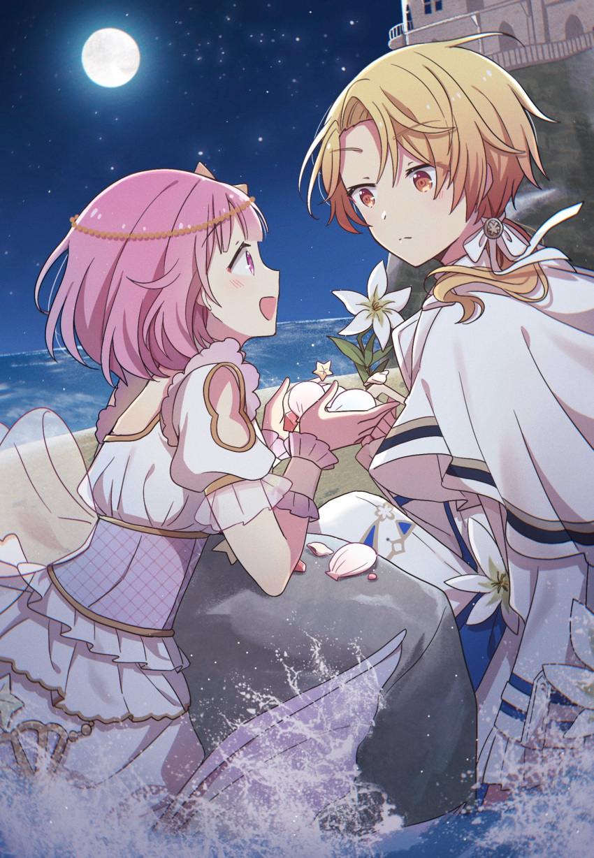 1boy, 1girl, bagel_land, blonde_hair, blush, castle, closed_mouth, commentary, flower, highres, long_hair, low_ponytail, moon, night, night_sky, ocean, official_alternate_costume, official_alternate_hair_length, official_alternate_hairstyle, ootori_emu, open_mouth, orange_eyes, orange_hair, outdoors, pink_eyes, pink_hair, project_sekai, ribbon, rock, seashell, shell, short_hair, short_sleeves, sky, tenma_tsukasa, white_flower, white_ribbon