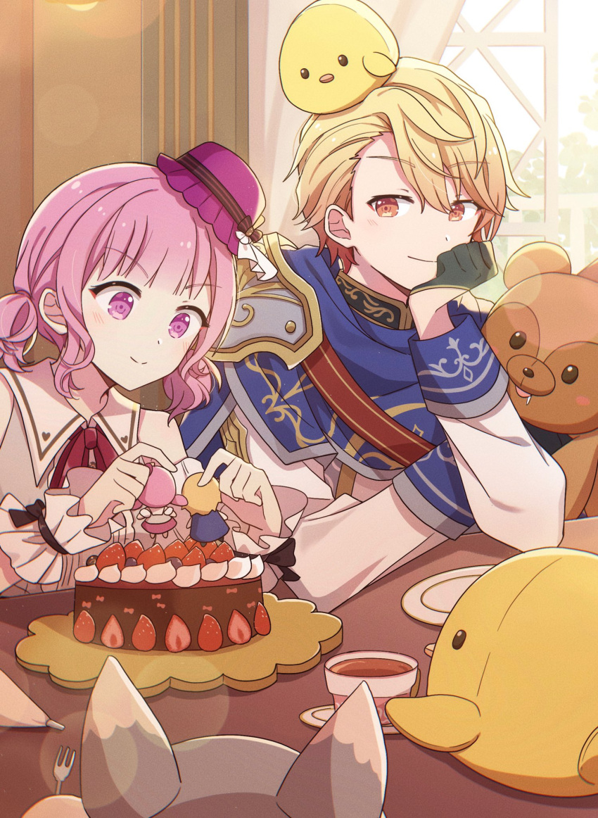 1boy, 1girl, bagel_land, black_gloves, blonde_hair, cake, closed_mouth, collared_shirt, commentary, cup, drooling, food, fork, gloves, gradient_hair, highres, himitsu_no_valentine_daisakusen!_(project_sekai), kaitou_shinshi_no_harahara!?_white_day_(project_sekai), long_sleeves, multicolored_hair, neck_ribbon, official_alternate_costume, official_alternate_hairstyle, ootori_emu, orange_eyes, orange_hair, pink_eyes, pink_hair, plate, project_sekai, red_ribbon, ribbon, shirt, short_hair, short_twintails, stuffed_animal, stuffed_toy, teddy_bear, tenma_tsukasa, twintails